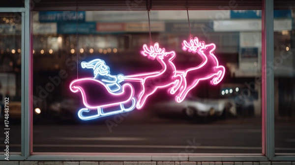 Fototapeta Neon illustration of Santa Claus in a sleigh being pulled by reindeer, glowing brightly in a storefront window, creating a festive holiday atmosphere and inviting seasonal cheer