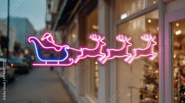 Fototapeta Neon sign featuring Santa Claus in a sleigh being pulled by three reindeer, creating a festive atmosphere in a city street during the holiday season with vibrant colors