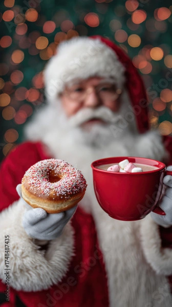 Fototapeta Cheerful elderly man in festive red attire holds a colorful donut and a steaming cup of hot chocolate with marshmallows, surrounded by a warm bokeh background, celebrating the holiday spirit