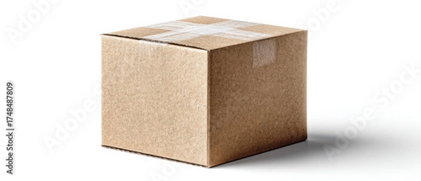 Fototapeta Brown cardboard box with clear tape on top, positioned on a white surface, showcasing packaging design and storage solutions for shipping and delivery purposes