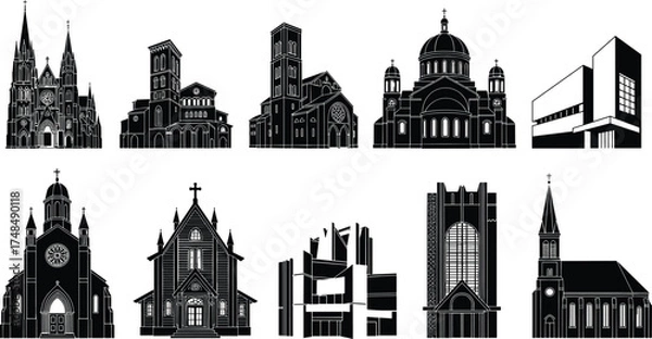Obraz Collection of church and cathedral silhouette vector illustration set featuring gothic, modern, and classical religious architecture design elements for urban cityscape artwork
