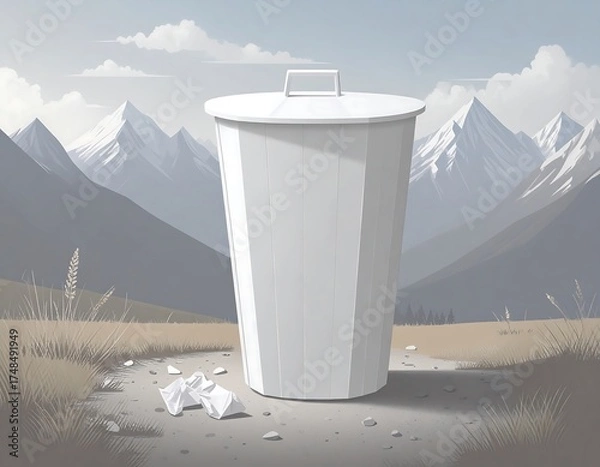 Fototapeta White trash can amidst mountain scenery