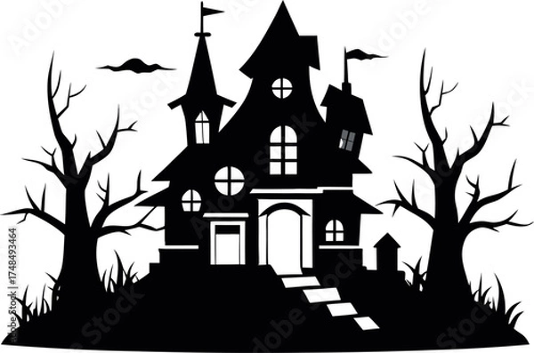 Obraz Haunted House with Broken Windows Surrounded by Trees