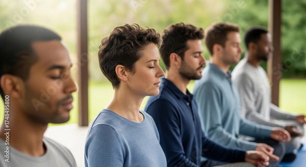 Obraz A diverse group of multicultural people meditating together in a yoga class, finding inner peace and mindfulness with eyes closed in a serene setting
