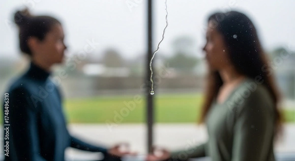 Obraz Two women find clarity and inner peace through focused meditation, with a single raindrop on the window symbolizing their shared mindful connection