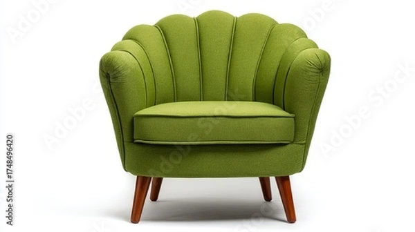 Fototapeta Green Armchair with Retro Style Wooden Legs in Minimalist Setting