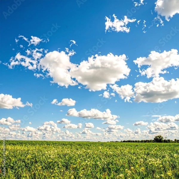 Fototapeta Wide shot of a field under a partly cloudy blue sky