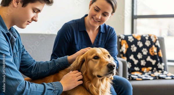 Obraz A loving Caucasian mother and her teenage son share a heartwarming moment, affectionately petting their beautiful golden retriever dog on a sofa at home
