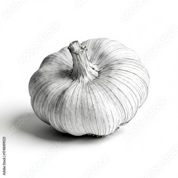 Obraz Black and white hand-drawn garlic illustration isolated on white background, detailed pencil sketch with natural texture and shading. Vintage botanical drawing for food and kitchen design.
