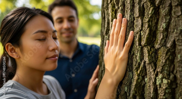 Obraz A mindful young woman with her eyes closed feels the texture of tree bark, deeply connecting with nature as her partner watches