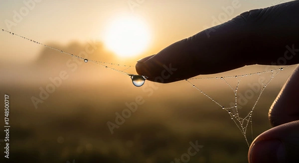 Obraz A gentle human touch on a delicate spiderweb, with a single dewdrop reflecting the beautiful golden morning sunrise over a misty field