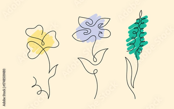 Fototapeta Pastel minimal floral duo, Elegant botanical line art, Soft nature bloom sketch