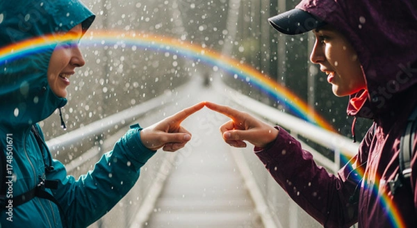Obraz Two smiling women in raincoats connect on a bridge, creating a magical rainbow with their fingertips. A beautiful concept of friendship and connection
