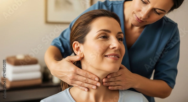 Obraz Professional female doctor performs a thyroid gland examination by palpating the neck of a smiling mature woman during a clinic visit