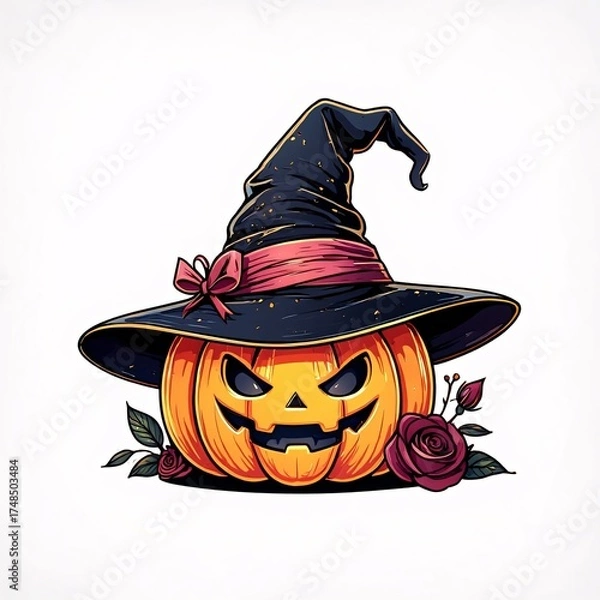 Fototapeta Spooky jack o lantern pumpkin wearing a witch hat with dark roses for halloween
