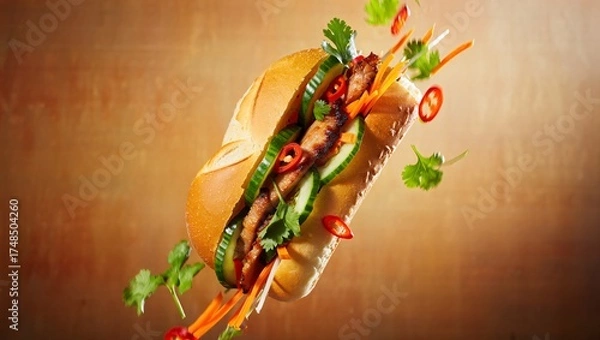 Fototapeta Delicious vietnamese banh mi sandwich with fresh ingredients suspended in mid air
