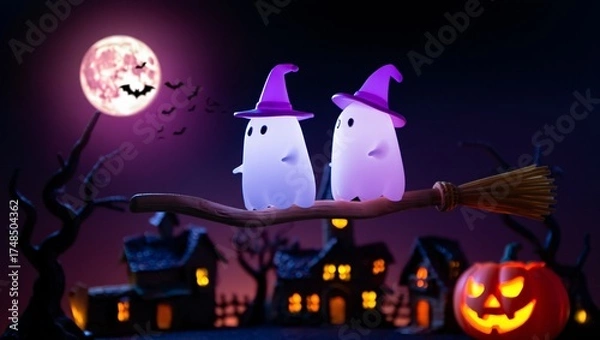 Fototapeta Two glowing halloween ghosts wearing witch hats ride a broomstick under a spooky full moon