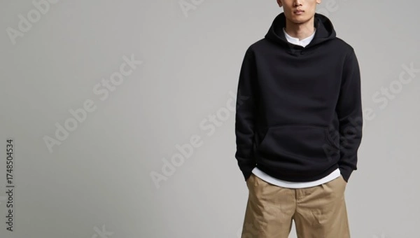 Fototapeta Young man wearing a black hooded sweatshirt and tan shorts against a plain background