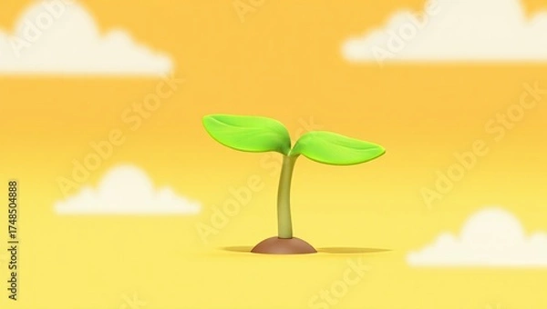 Fototapeta Tiny green seedling sprouts from rich brown soil against a vibrant yellow sky with fluffy white clouds