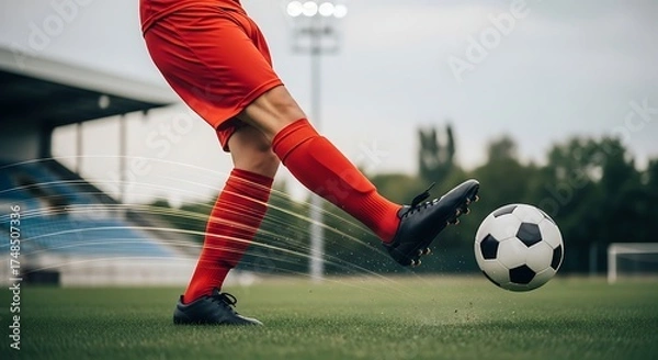 Obraz Dynamic soccer player kicks ball with power and precision during intense match at stadium, showcasing skill and athleticism for sports marketing campaigns
