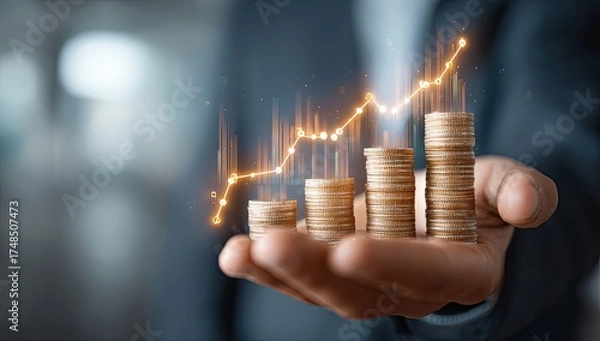 Obraz A hand holds stacks of coins, with an illuminated growth chart overlaying them, showcasing finance