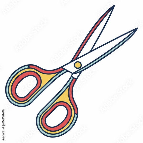 Fototapeta Colorful cartoon illustration of open scissors with red yellow and blue handles on a white background