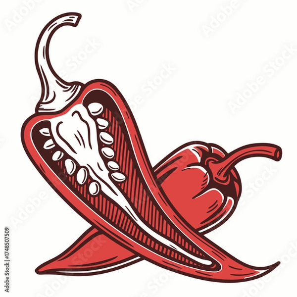 Fototapeta Stylized illustration of two red chili peppers one cut in half showing seeds and the other whole on a white background