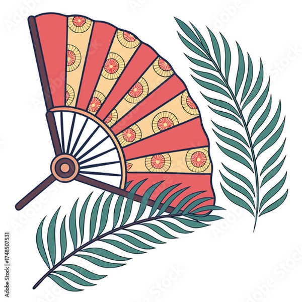 Fototapeta Decorative japanese fan with intricate patterns and green palm leaves on a white background