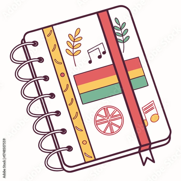 Fototapeta Cute illustrated notebook with decorative elements and a colorful flag design