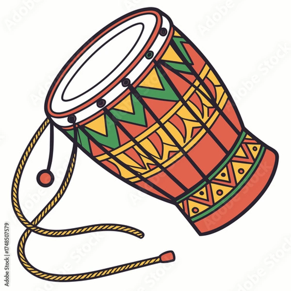 Fototapeta Vibrant dholak drum with traditional indian folk art patterns and hanging rope