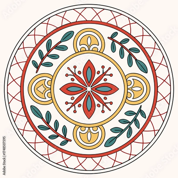 Fototapeta Circular decorative mandala with floral and leaf motifs in red yellow and teal colors