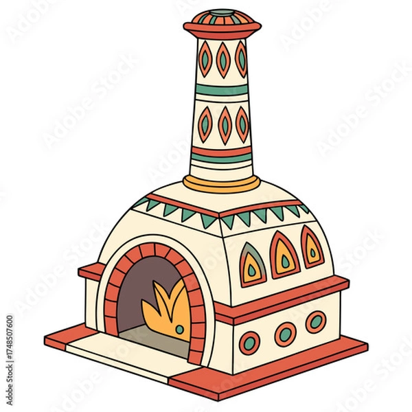 Fototapeta Colorful and decorative traditional oven with a chimney and visible flames inside