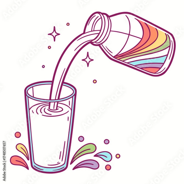 Fototapeta Rainbow liquid being poured from a bottle into a clear glass with colorful splashes and sparkles