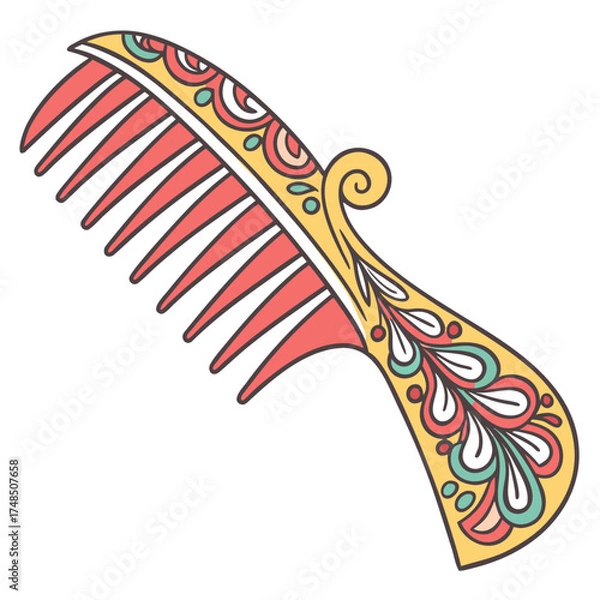 Fototapeta Decorative antique hair comb with ornate colorful patterns and red teeth isolated on white background