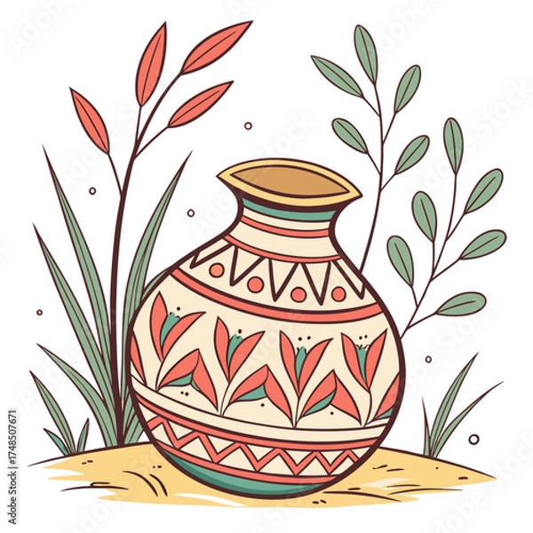 Fototapeta Decorative earthenware pot with floral patterns and surrounding foliage in a simple illustration style