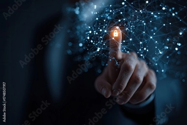 Obraz A person's hand touching a network of glowing connections with an illuminated lock symbol