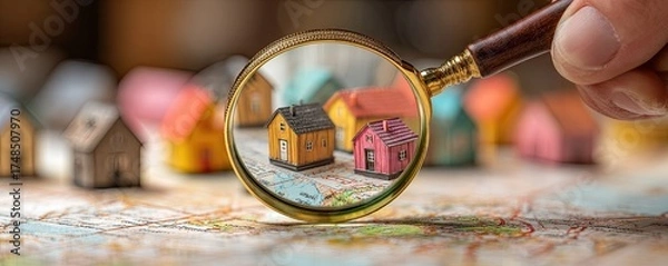 Obraz A magnifying glass focuses on miniature homes placed on a map, symbolizing real estate