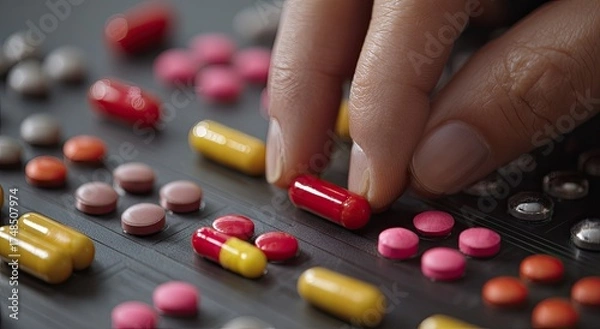 Obraz Close-up shot of a hand selecting a pill from a surface covered in various medications