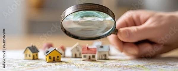 Obraz A hand holds a magnifying glass over miniature houses placed on a blurred map