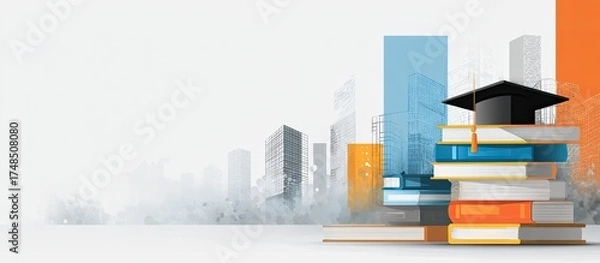 Obraz A stylized illustration of education, a stack of books under a graduation cap with urban background