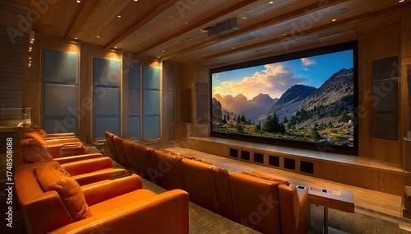 Obraz Interior of a home theater, with orange leather seating, large screen, and wood paneling