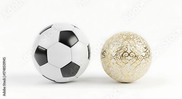 Obraz Classic soccer ball meets elegant golden sphere in a modern, minimalist scene highlighting contrast and design, perfect for sports or luxury brands