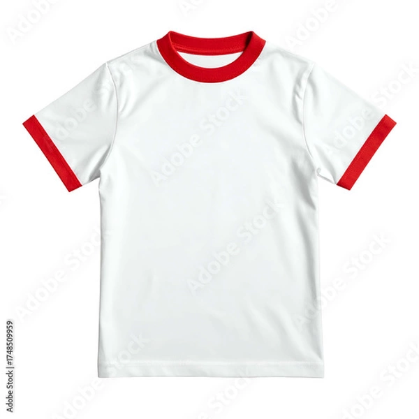 Fototapeta Plain white t-shirt with a red collar and sleeve trim, isolated on a black background