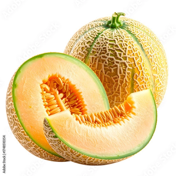 Fototapeta A ripe cantaloupe fruit, whole and sliced, showing textured rind and orange flesh