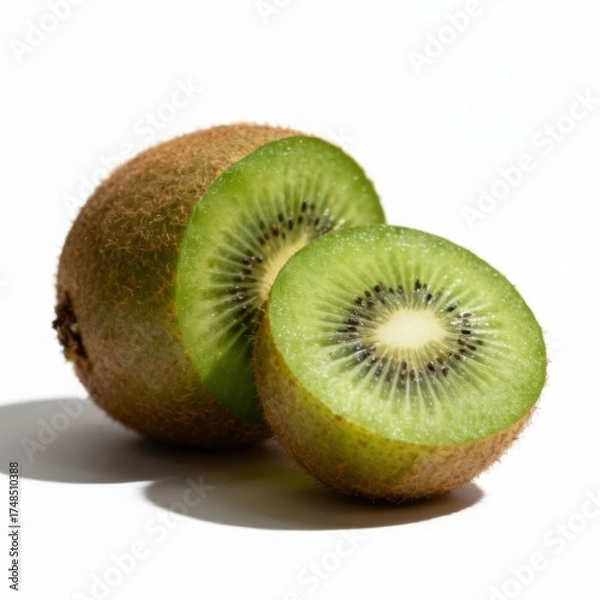 Obraz Sliced kiwi fruit isolated on white background, macro photo with detailed green pulp and black seeds. Fresh tropical fruit photography for diet, advertising and design.
