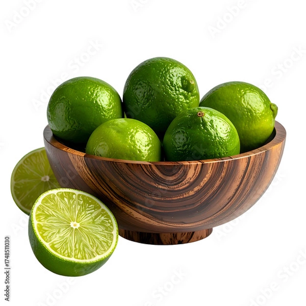 Fototapeta A wooden bowl filled with green limes, some whole, others sliced, on a black background
