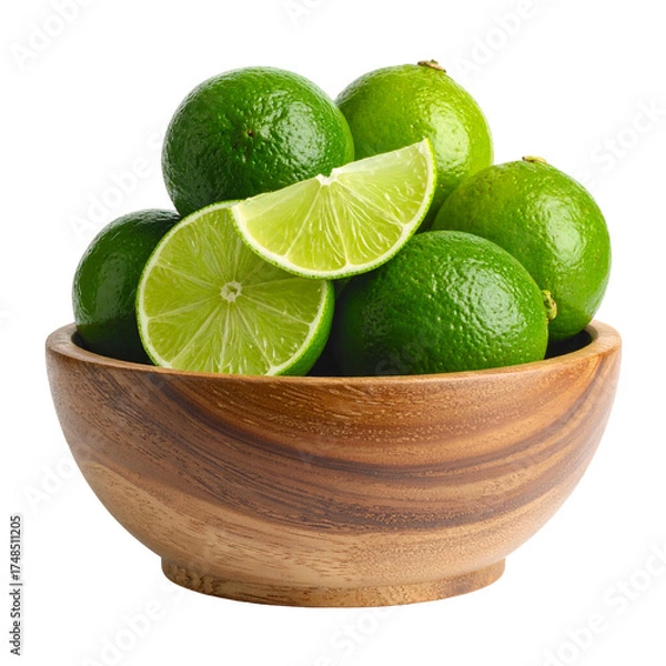 Fototapeta A wooden bowl overflowing with vibrant green limes and a single slice, on a black background