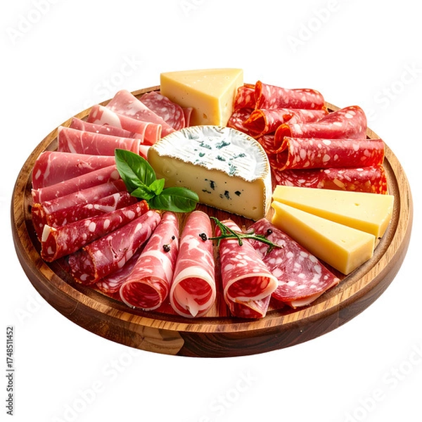 Fototapeta A wooden circular board laden with an assortment of cured meats and cheeses