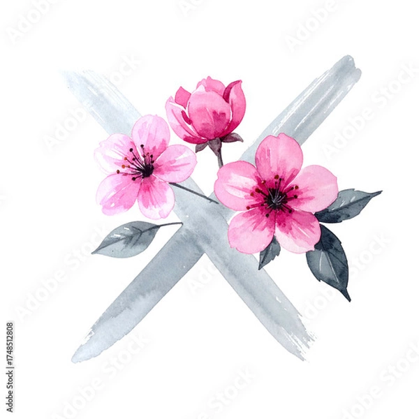 Fototapeta Watercolor "X" with pink flowers and grey leaves. Elegant floral design, artistic