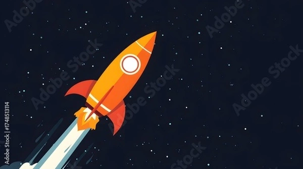 Fototapeta Illustration of a rocket in space concept. Flat illustration of a rocket in space with clouds, stars and planets